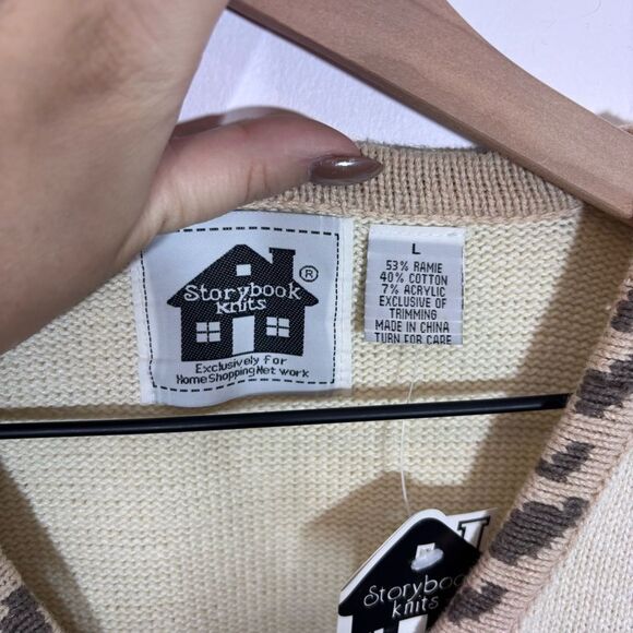 STORYBOOK KNITS Vintage Sweater /Cardigan NEW BEIGE W/Pink Roses BEADING Large - Picture 13 of 16